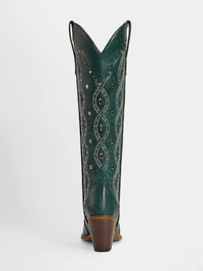 dark-green-embroidered-riveted-and-gemstone-western-boots-high-heel