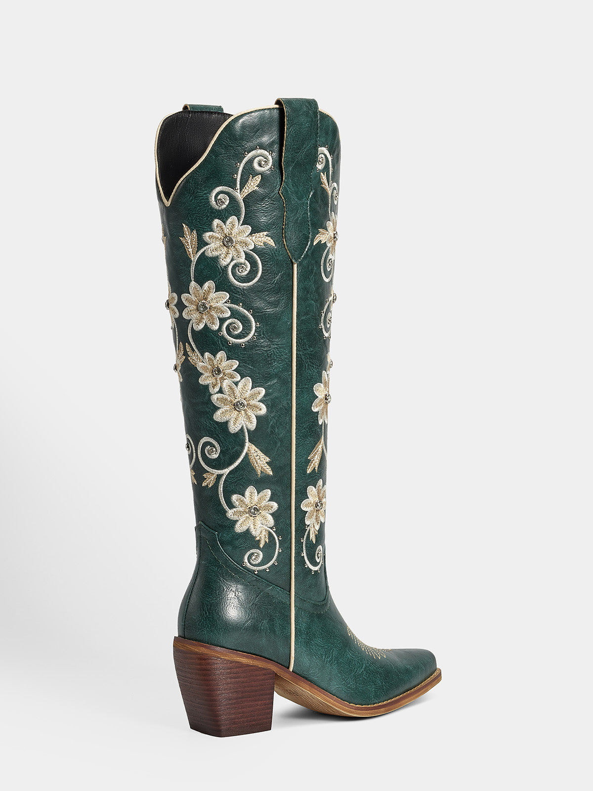 dark-green-riveted-embroidered-floral-western-boots-mid-heel