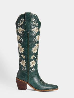 dark-green-riveted-embroidered-floral-western-boots-pull-on