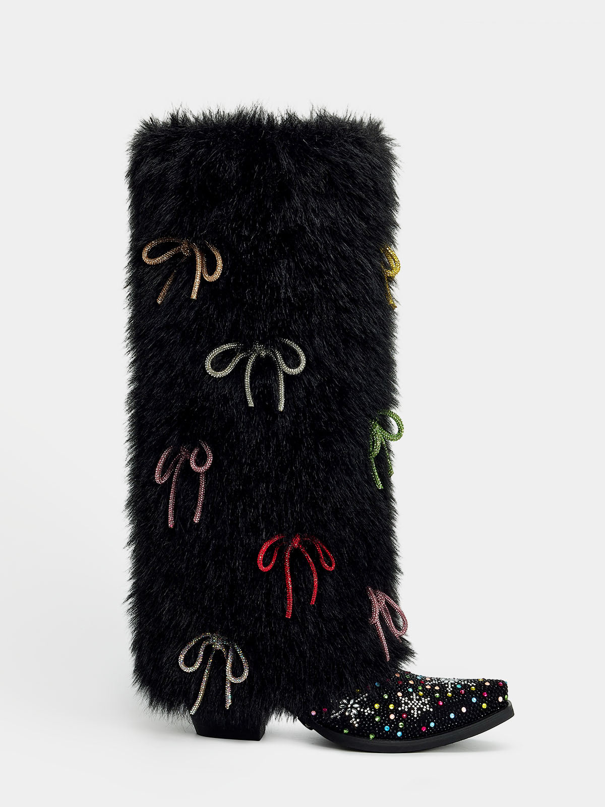 festive_rainbow_bow_fluffy_fur_western_boot
