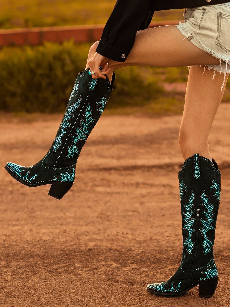 Green Faux Suede Rhinestone Knee High Boots | WETKISS