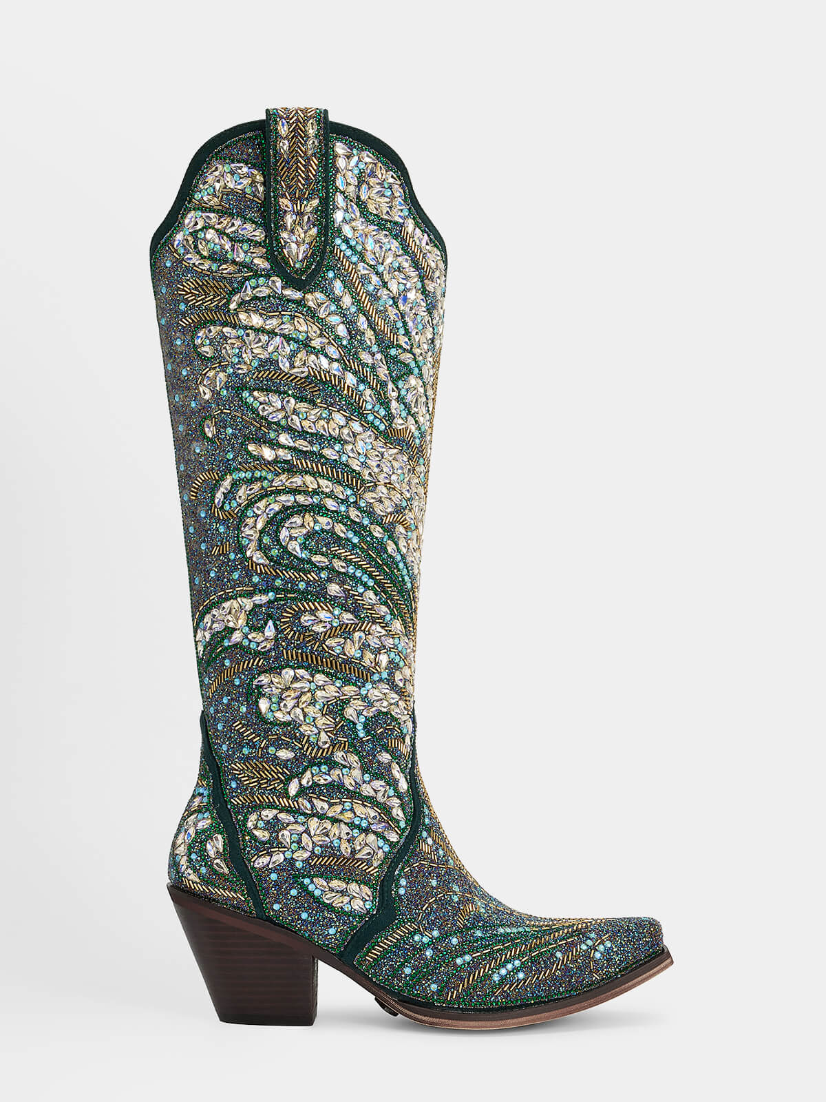 green_glitter_peacock_pattern_western_boots
