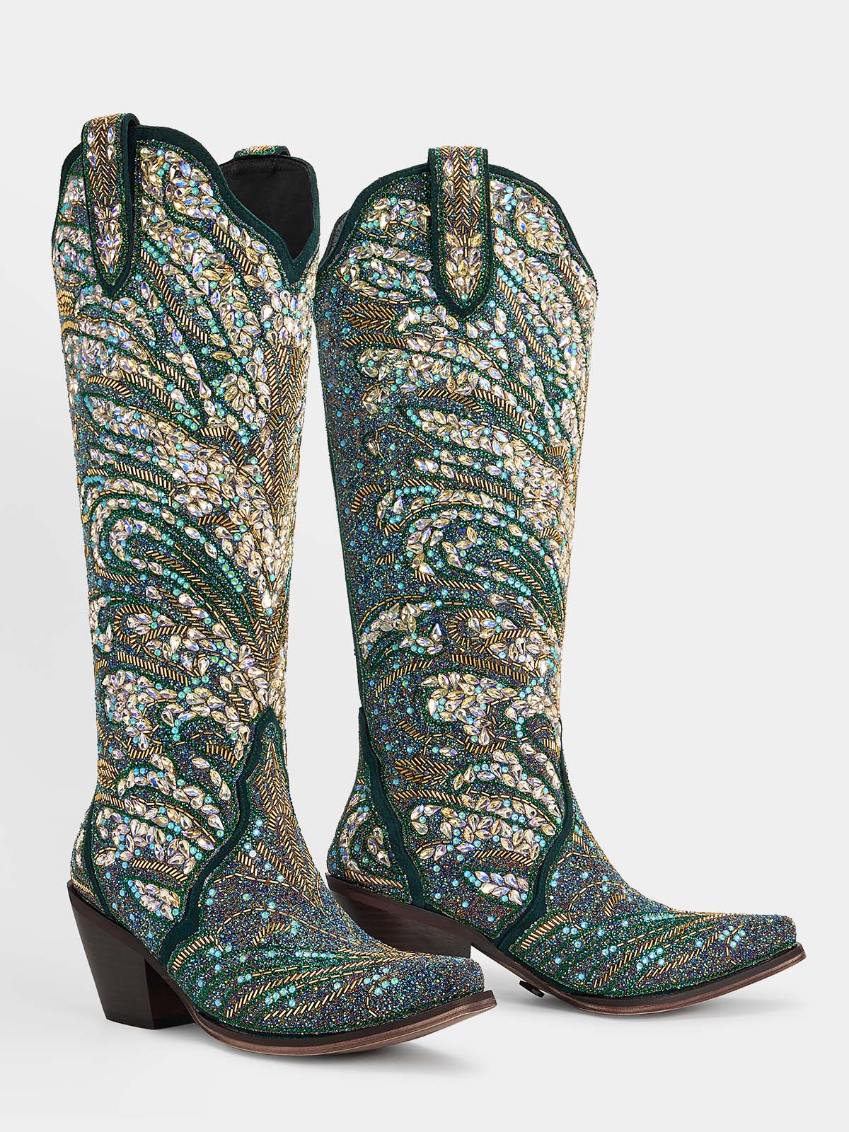 green_glitter_peacock_rhinestone_western_boots