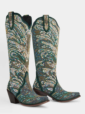 green_glitter_peacock_rhinestone_western_boots