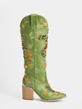 green_pointed_toe_block_heel_floral_gem_western_cowgirl_boots