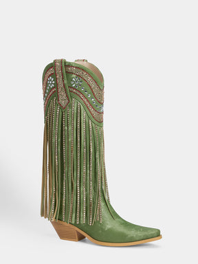 green_pointed_toe_fringe_rhinestone_western_knee_high_cowgirl_boots