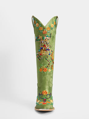 green_satin_joker_gem_floral_front_view_cowgirl_boots