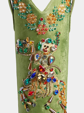 green_satin_joker_shape_rhinestone_gem_detail_cowgirl_boots