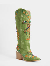 green_satin_knee_high_multicolor_gem_floral_applique_cowgirl_boots
