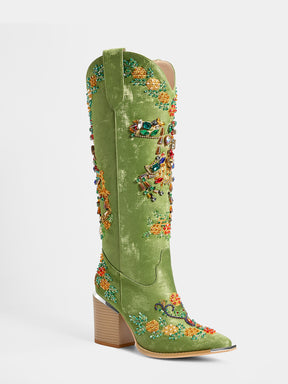 green_satin_knee_high_multicolor_gem_floral_applique_cowgirl_boots