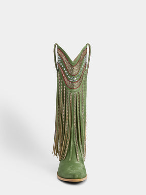 green_suede_fringe_multicolor_rhinestone_knee_high_cowgirl_boots