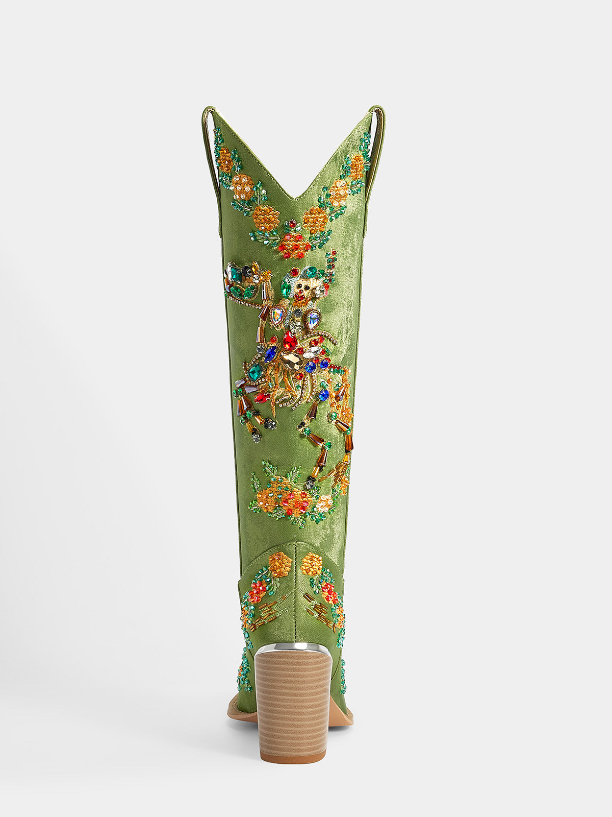 green_vintage_satin_multicolored_stone_back_view_cowgirl_boots