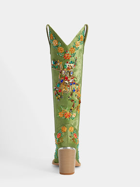 green_vintage_satin_multicolored_stone_back_view_cowgirl_boots
