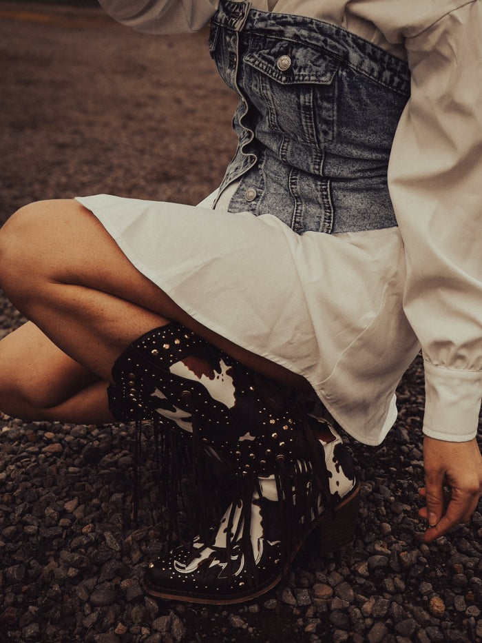 Cow Print Studded Western Ankle Boots #4157 main image 1