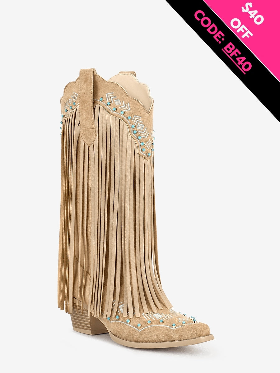Apricot Fringe Western Boots | Blue rhinestones Boots | WETKISS