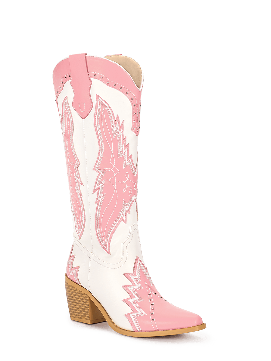 Pink Butterfly Embroidered Mid Calf Western Boots | WETKISS