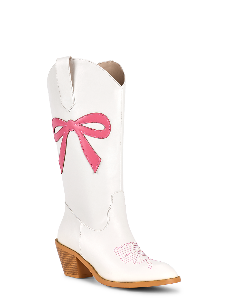 Side Pink Bow Embroidered Mid Calf Cowboy White Boots | WETKISS