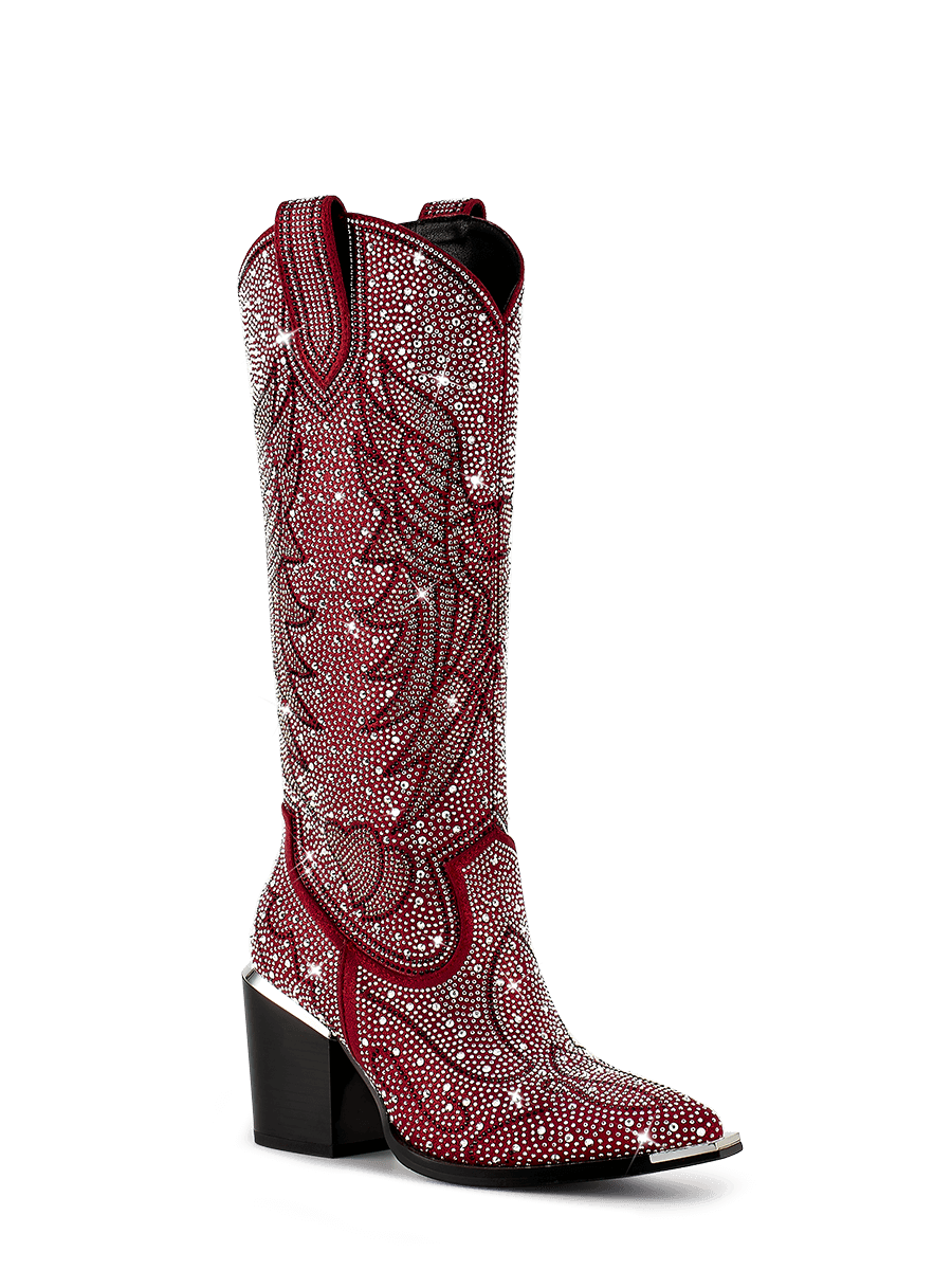 Red Rhinestone Midcalf Cowboy Boots For Women With Steel Toe Wetkiss 6230