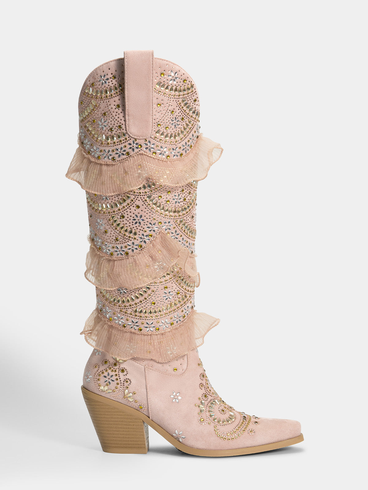 Muted Pink Layered Ruffled Rhinestones Cowgirl Boots | WETKISS BOOTS