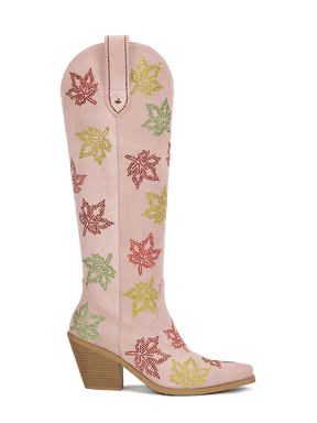 muted-pink-rhinestones-maple-leaf-side-zipper-western-cowgirl-boots