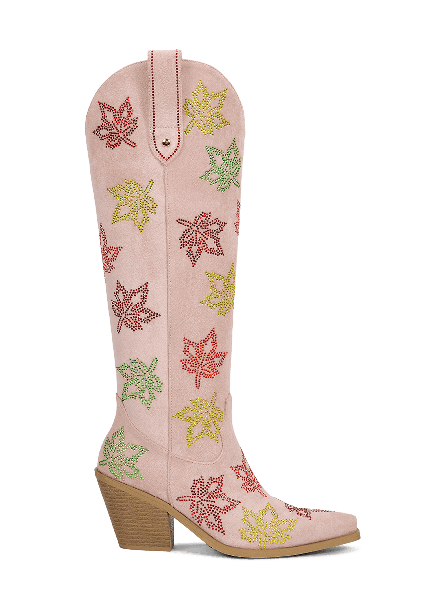 muted-pink-rhinestones-maple-leaf-side-zipper-western-cowgirl-boots