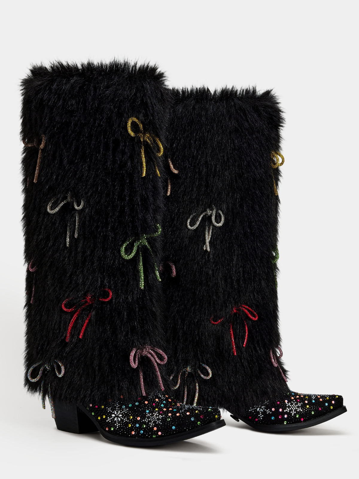paired_black_fur_multihued_bow_western_boots