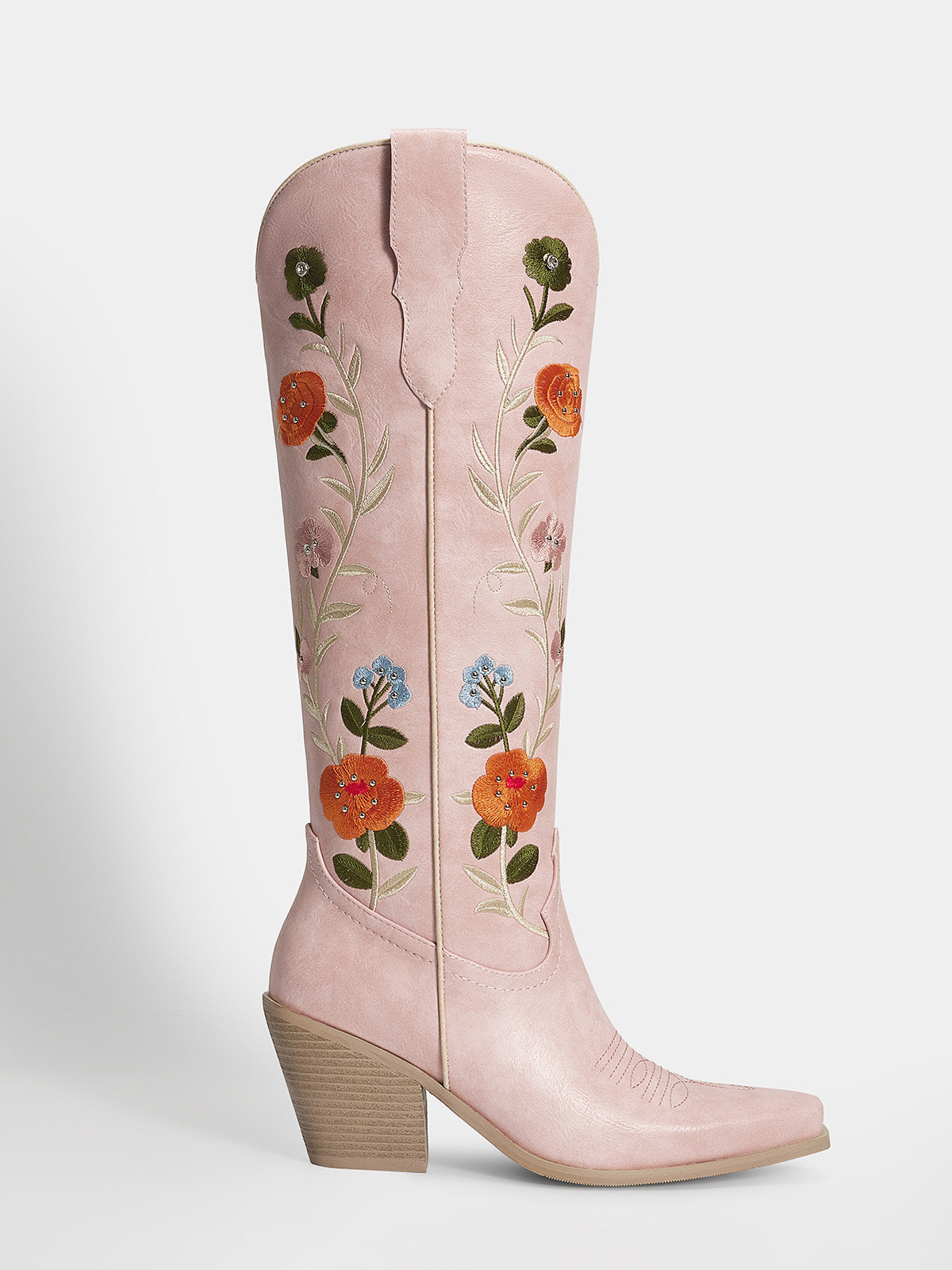 Pastel Pink Embroidered Studs Floral Motifs Cowgirl Boots
