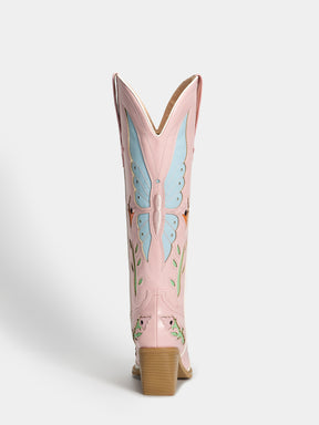 pink-butterfly-cutout-knee-high-western-boots-mid-heel