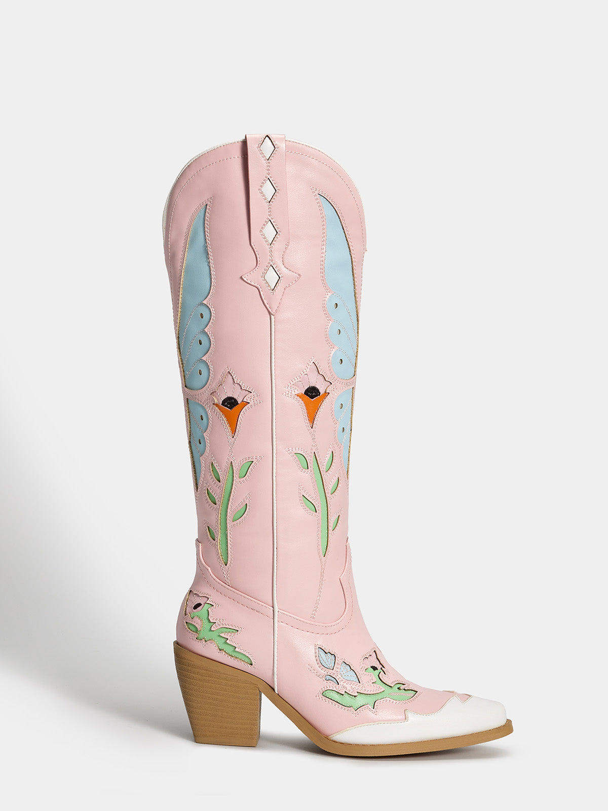 pink-butterfly-cutout-knee-high-western-boots-pull-on
