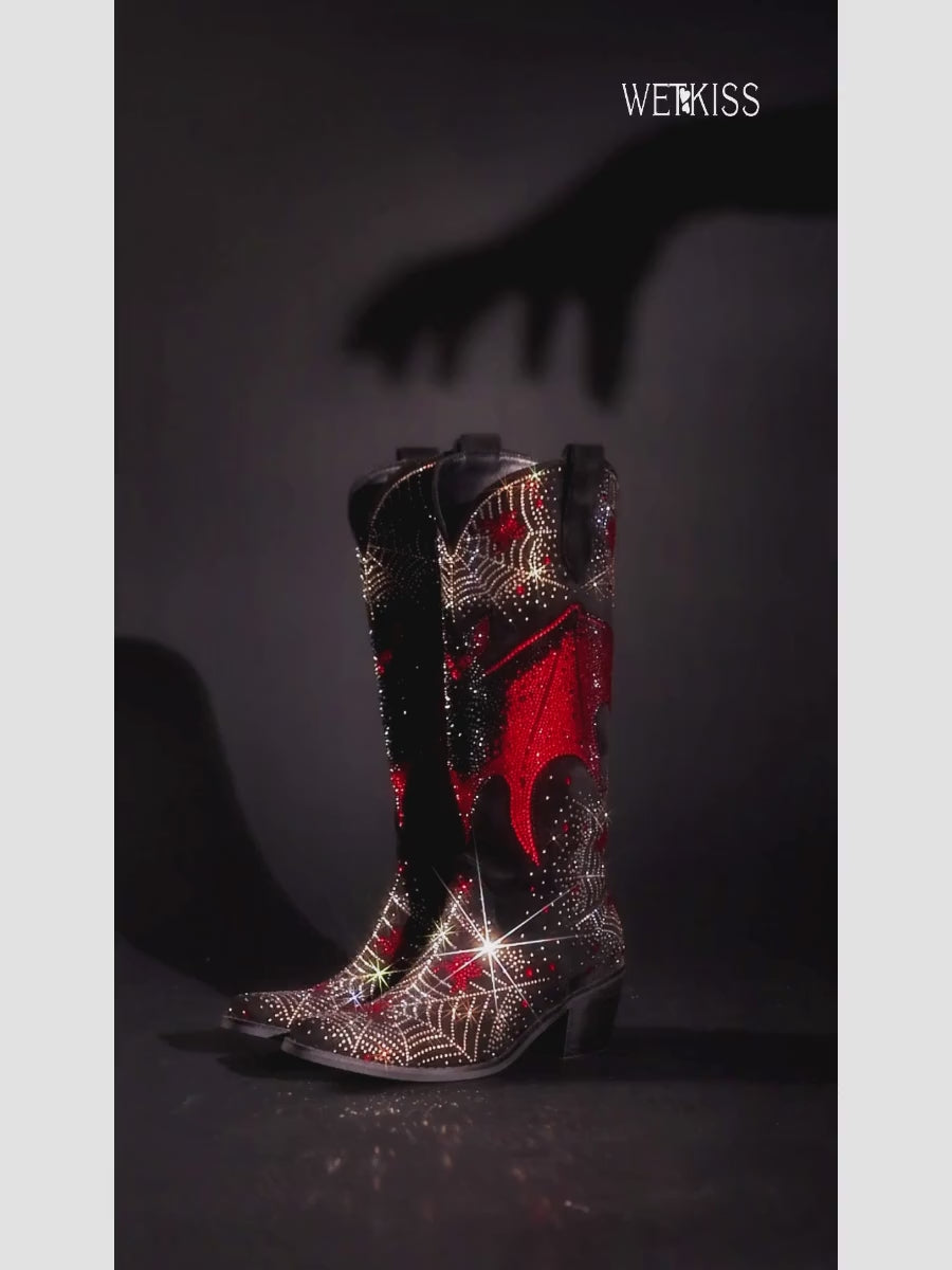 Rhinestone Bat And Spider Web Western Cowgirl Boots | WETKISS BOOTS