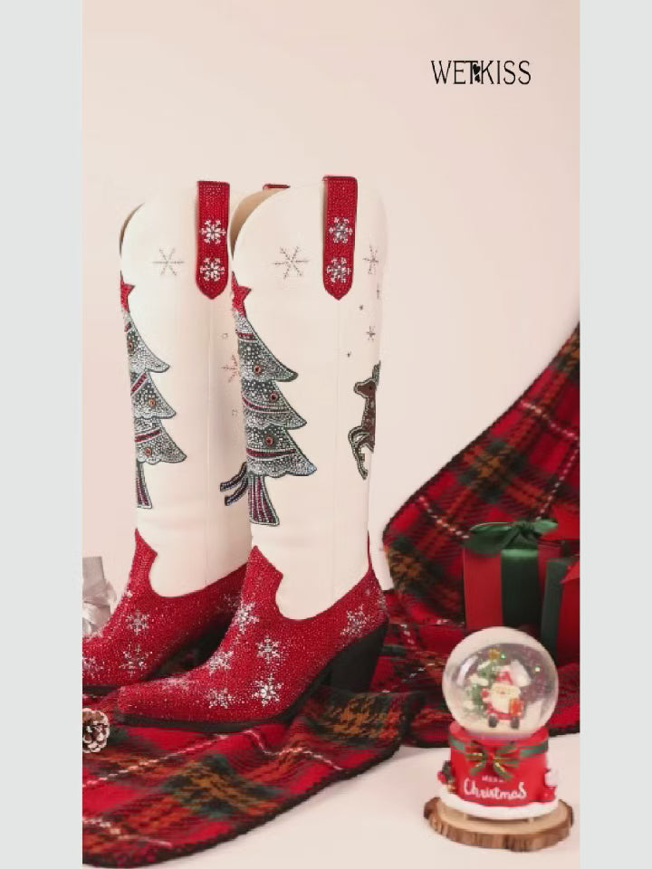 Red And White Christmas Tree Rhinestone Cowgirl Boots | WETKISS BOOTS