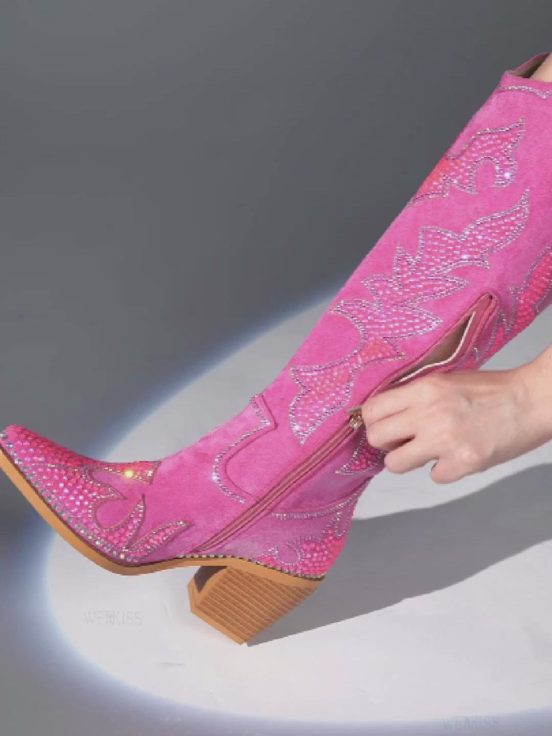 Rose Red Faux Suede Rhinestone Knee High Boots | WETKISS