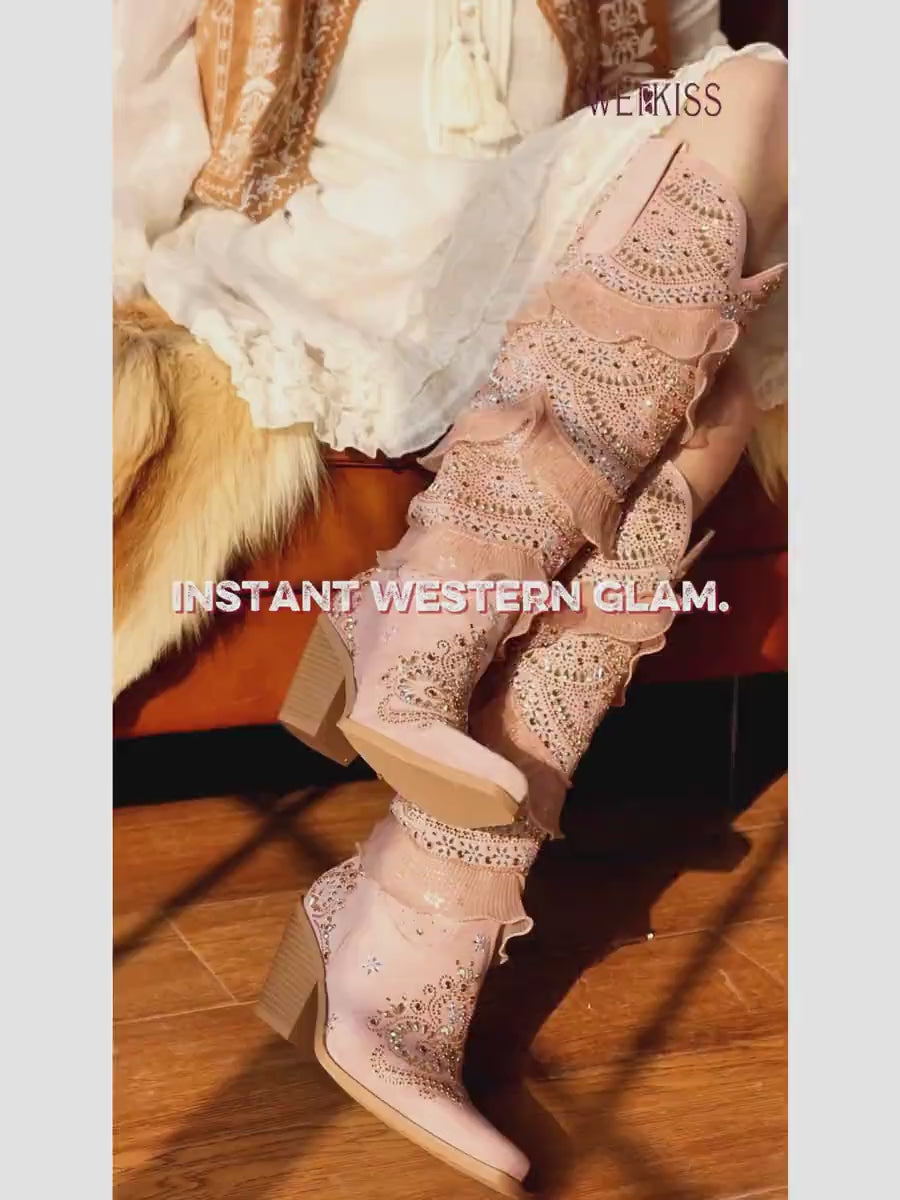 Muted Pink Layered Ruffled Rhinestones Cowgirl Boots | WETKISS BOOTS