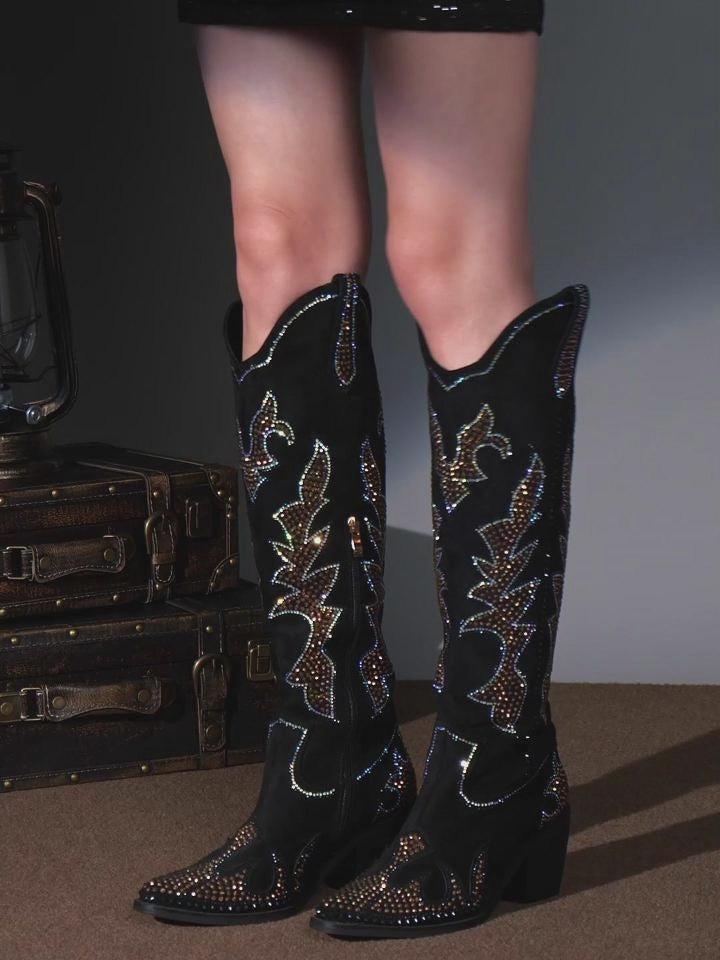 Black Faux Suede Rhinestone Knee High Boots | WETKISS