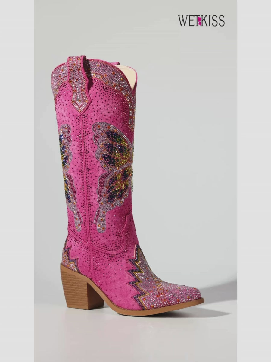 Butterfly Rhinestone Rose Red Knee High Cowboy Boots | WETKISS