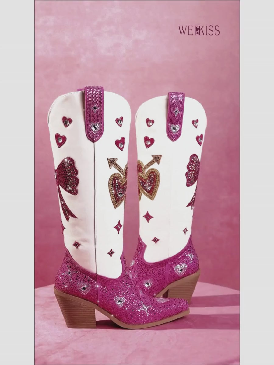 Valentine's Day Rose Red and White Bow Cowgirl Boots | WETKISS BOOTS