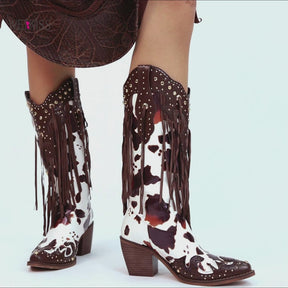 Cow Print Pointed Toe  Cowgirl Boots