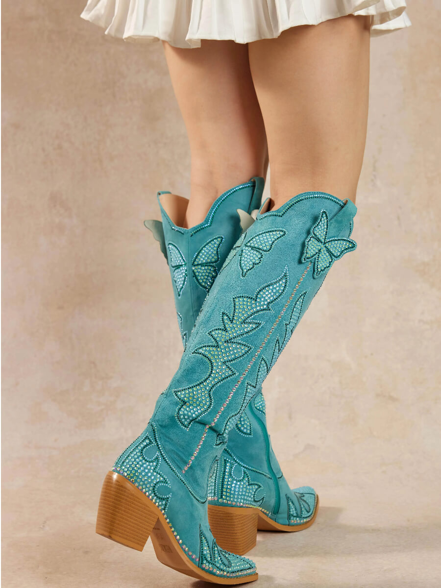 Turquoise Rhinestone Knee High Women's Western Boots| Co-Designed
