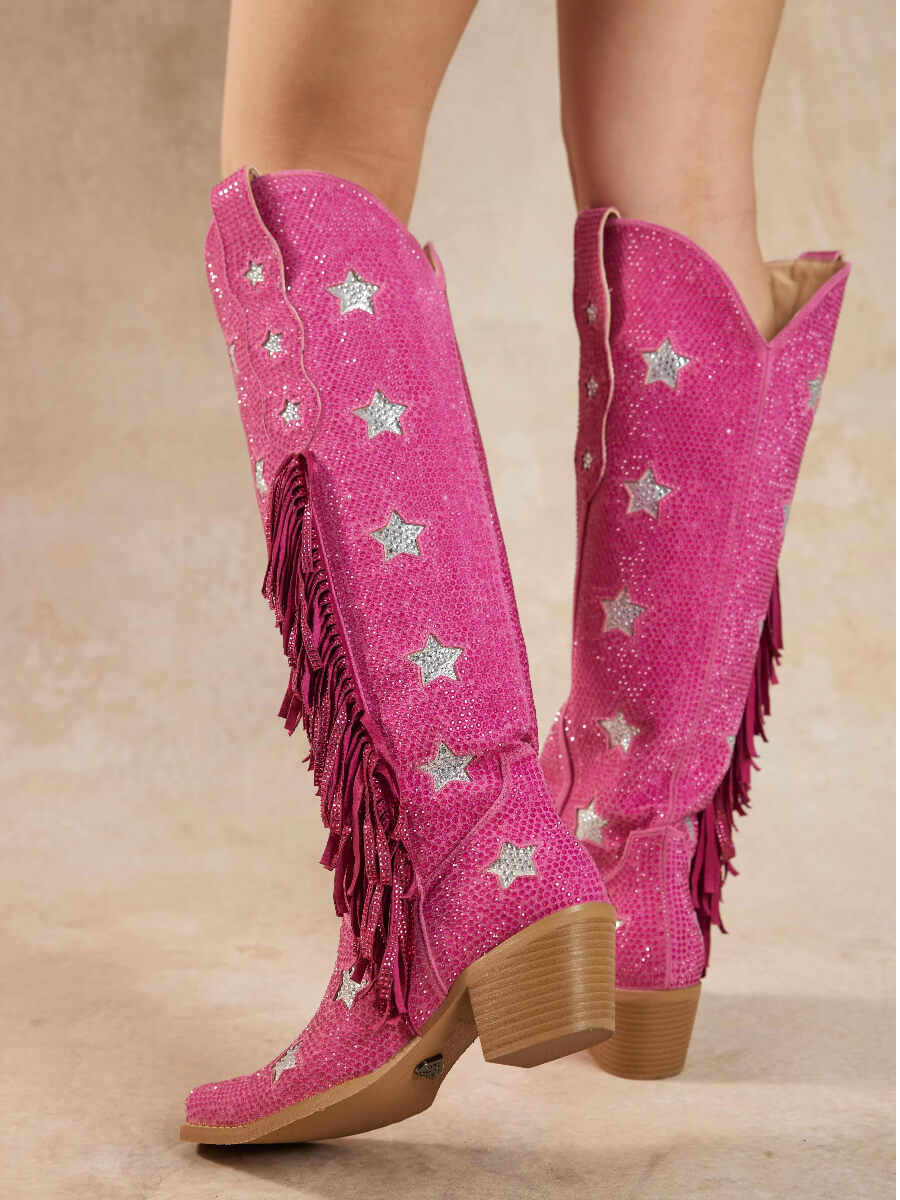 Rose Red Full Rhinestone Star Embellished Suede Cowgirl Boots