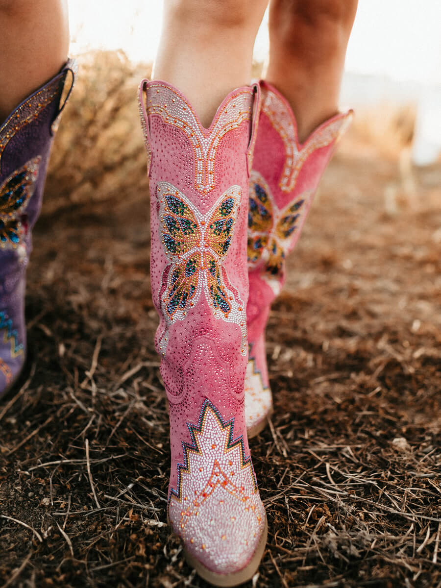 Butterfly Rhinestone Rose Red Knee High Cowboy Boots | WETKISS