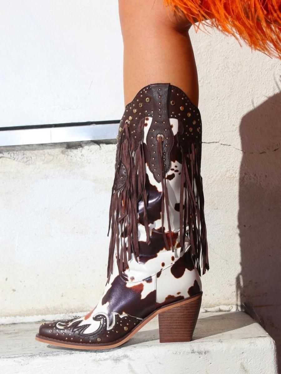 Cow Print Pointed Toe  Cowgirl Boots