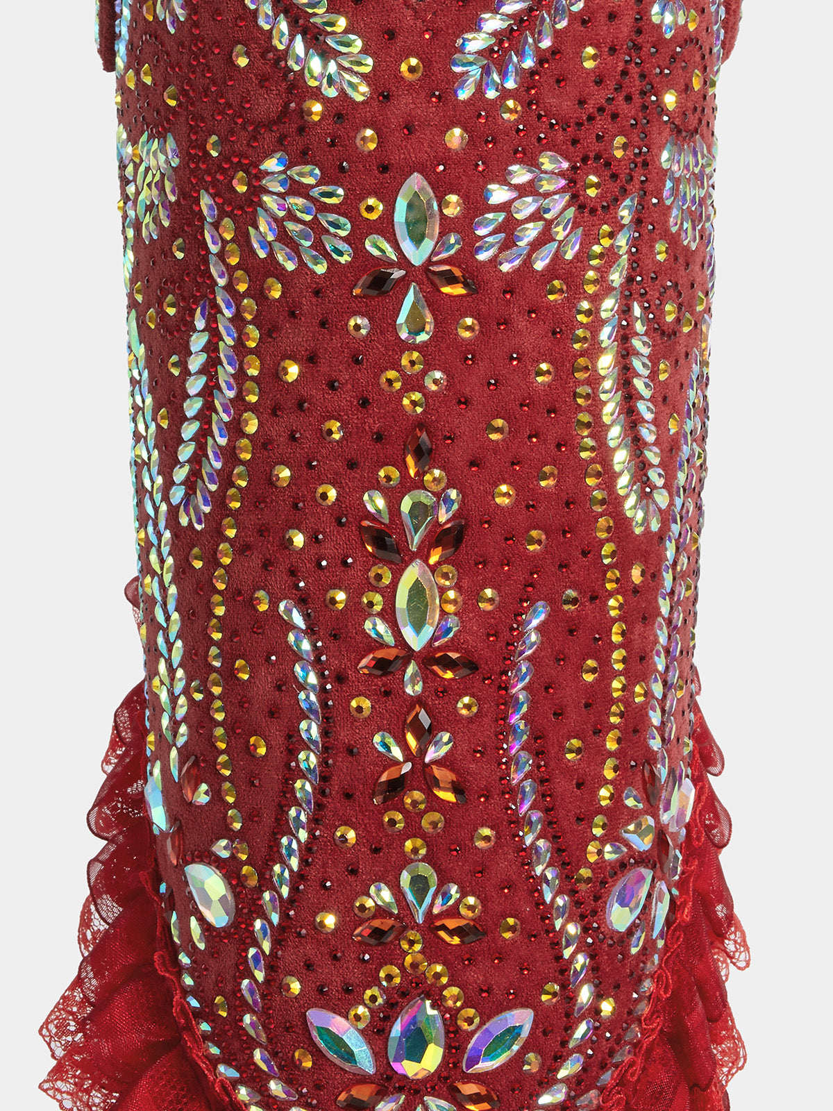 red-rhinestones-ruffled-lace-trim-western-boots-faux-suede
