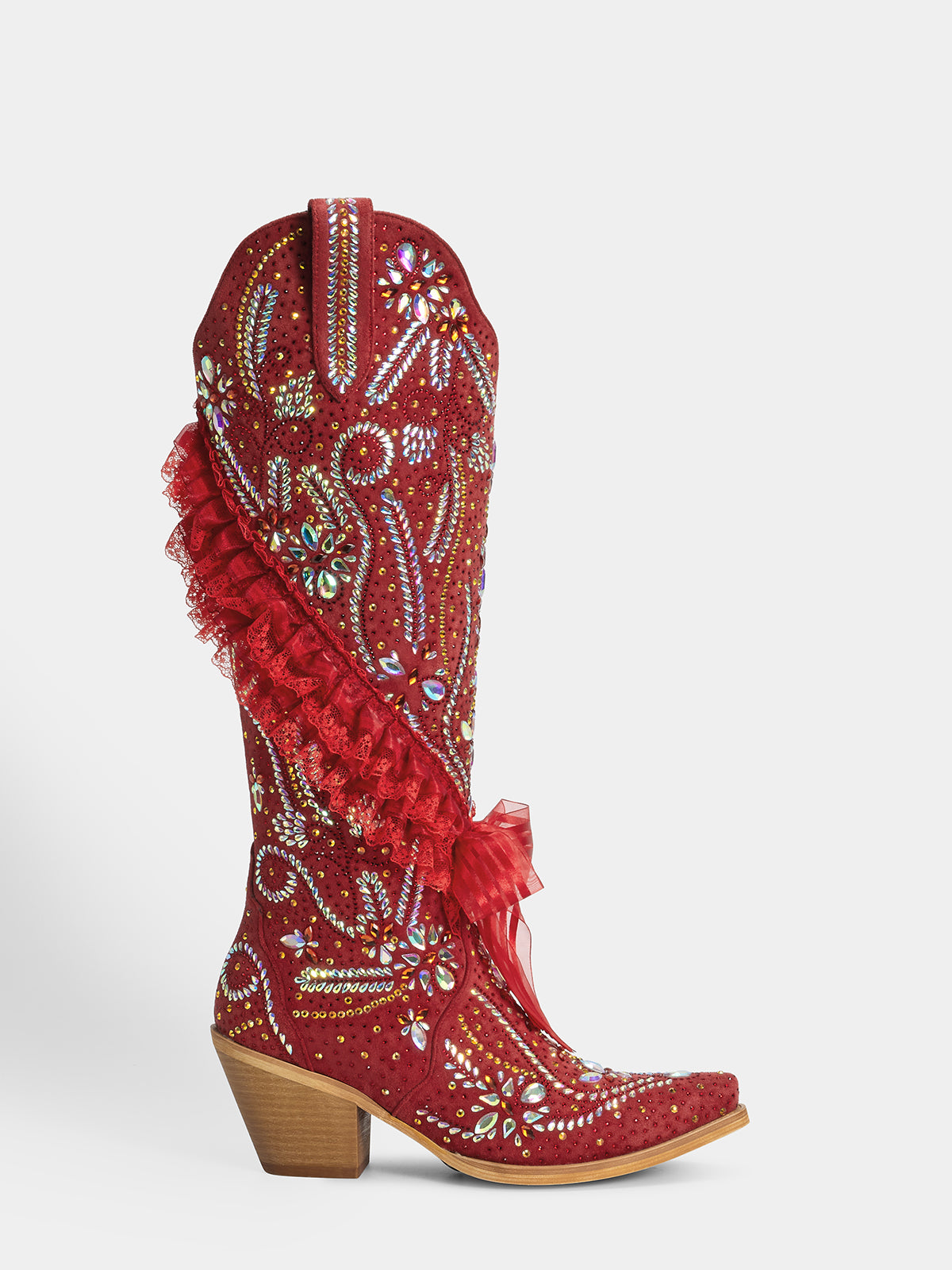 red-rhinestones-ruffled-lace-trim-western-boots-pull-on