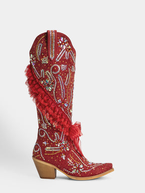 red-rhinestones-ruffled-lace-trim-western-boots-pull-on