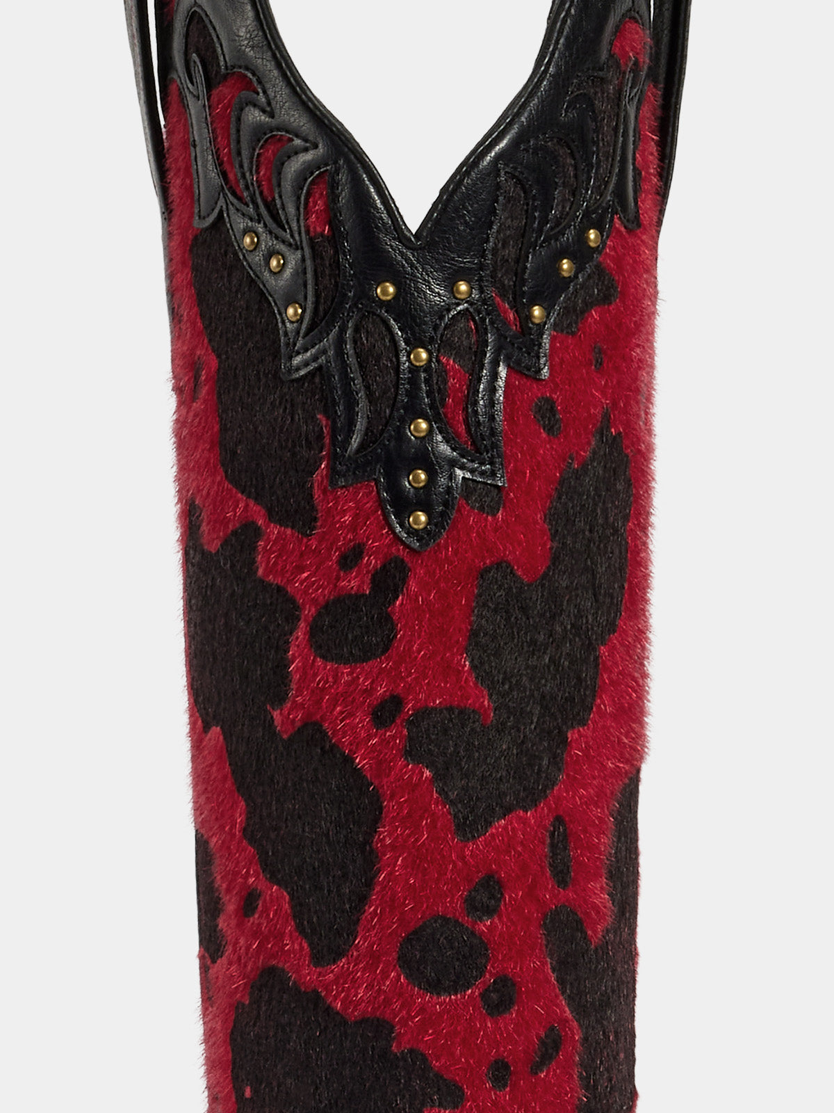red_black_cow_print_furry_shaft_studs_western_boots