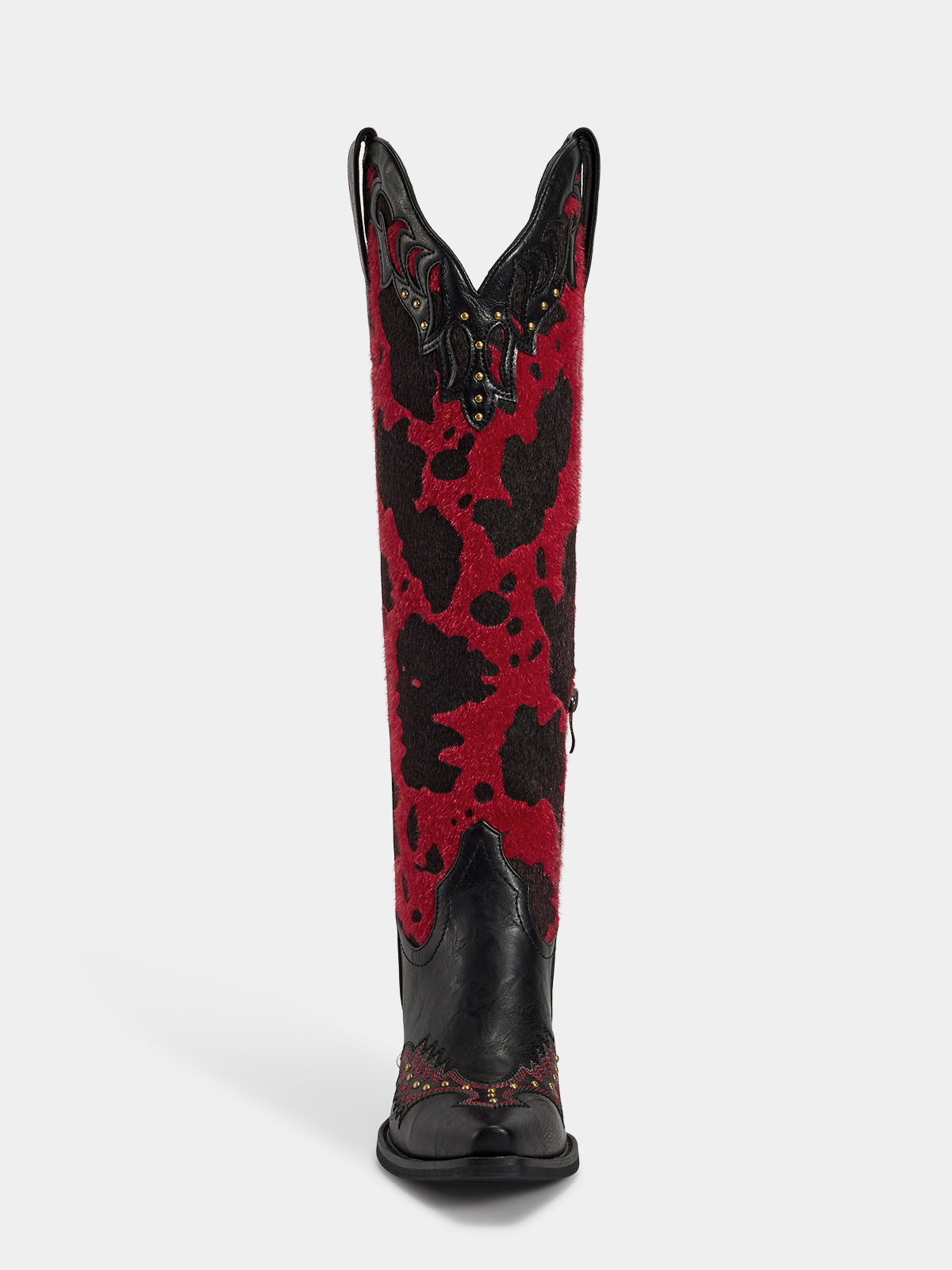 red_black_cow_print_riveted_knee_high_western_boots