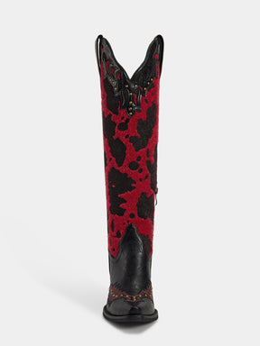 red_black_cow_print_riveted_knee_high_western_boots