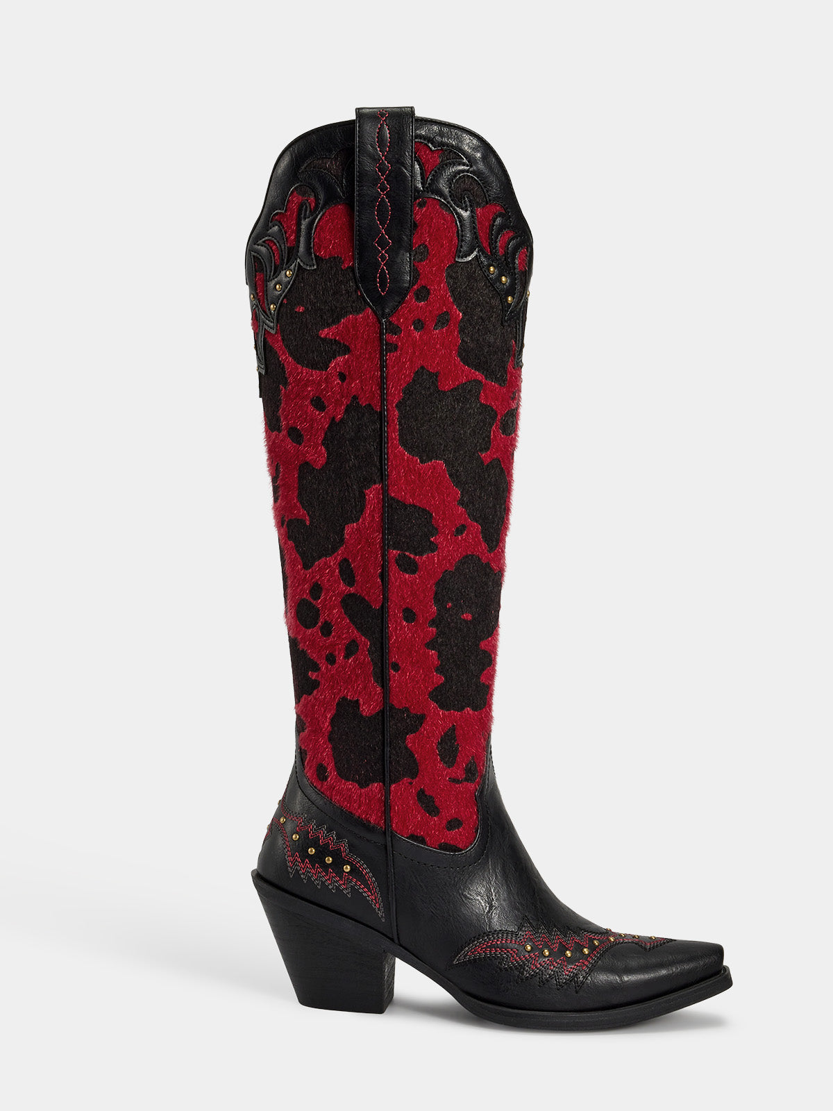 red_black_cow_print_stitched_overlay_western_boots
