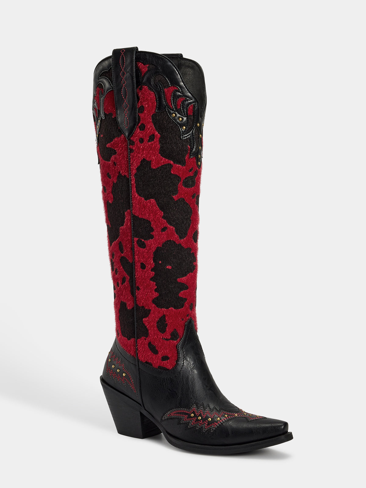 red_black_cowhide_faux_fur_studded_western_boots