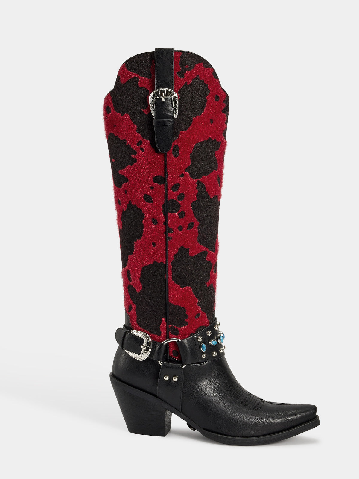 red_black_cowprint_double_strap_western_boots